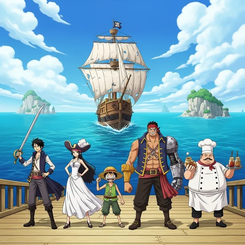 One Piece Adventure: Illustrated Pirate Scene with Eccentric Crew
