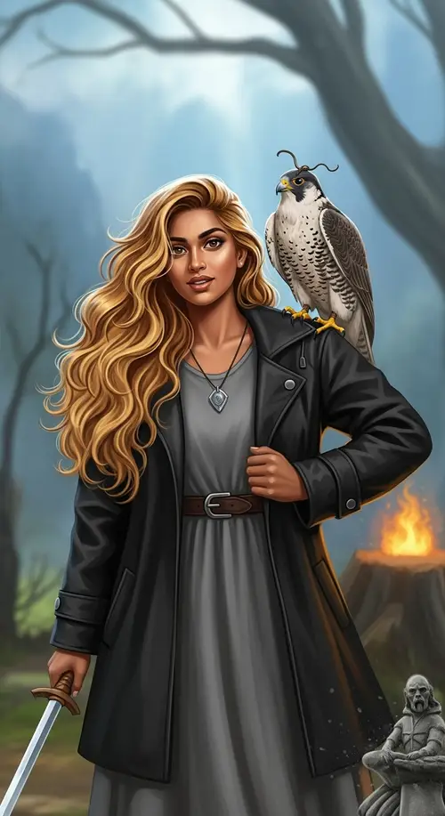 Young South Asian Woman Wizard with Falcon in Classic Fantasy Setting