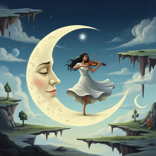 Hispanic Female Artist Dancing and Playing Violin on Crescent Moon