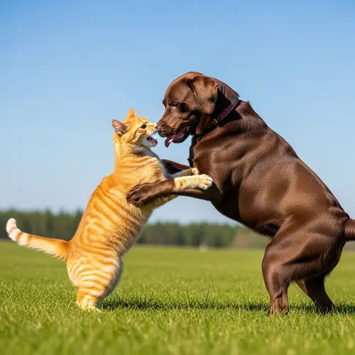 Orange Tabby Cat vs Brown Labrador Dog Playful Fight in Grassy Field