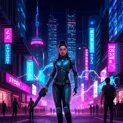 Futuristic Cyberpunk Metropolis with South Asian Woman in State-of-the-Art Suit