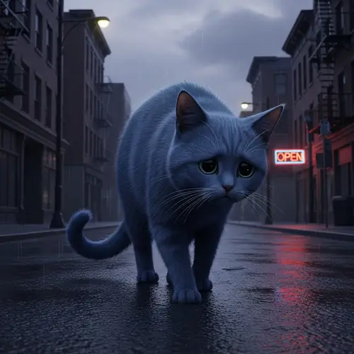 Sad Blue Cat Walking Down the Street