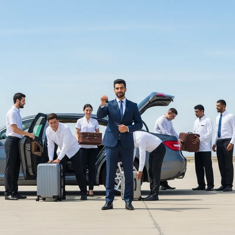 Wealthy Man with Luxury Car and Numerous Attendants Wealthy Man with Luxury Car and Numerous Attendants