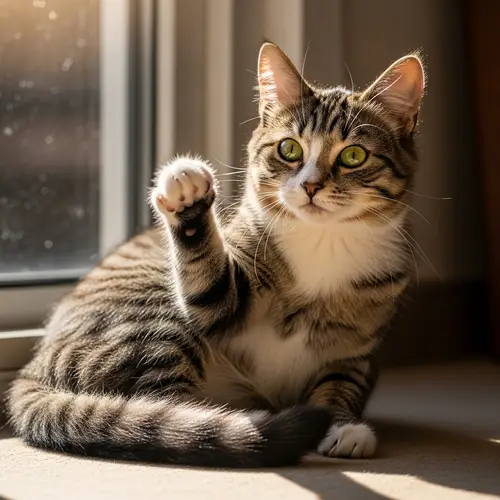 Fluffy Tabby Cat Relaxing in Sunshine | Cute Feline Photo