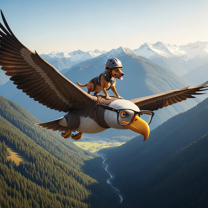 Brown Dog Soaring on Bird with Spectacles in Mountain Landscape Brown Dog Soaring on Bird with Spectacles in Mountain Landscape