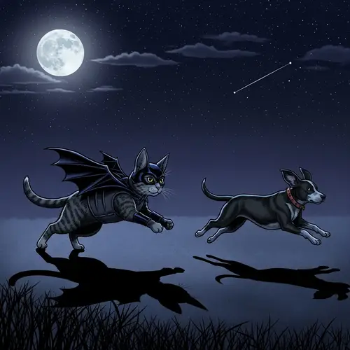 Batman Cat Chasing Dog at Night | Comic Book Superhero Scene