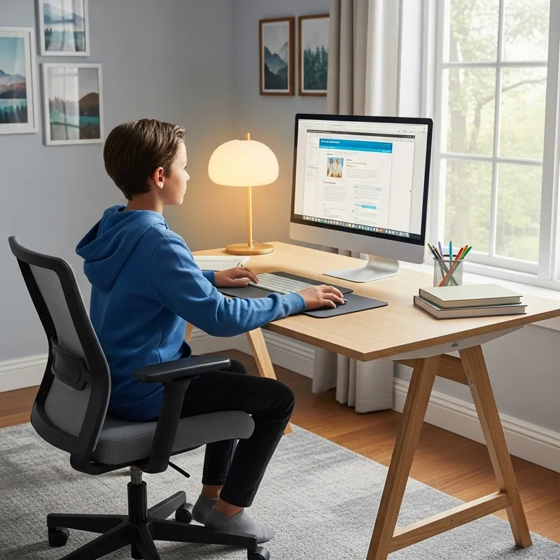 Realistic 11-Year-Old Caucasian Child Sitting at Computer Desk