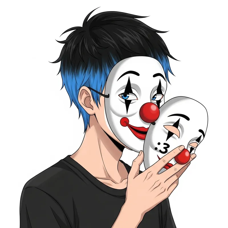 Unique Anime Boy Character with Blue and Black Hair Mime Mask Artwork Unique Anime Boy Character with Blue and Black Hair Mime Mask Artwork