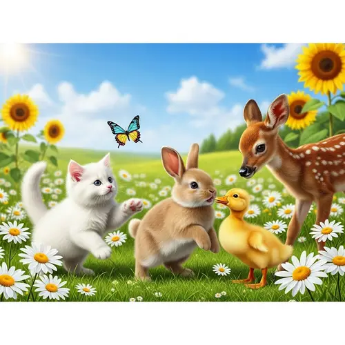 Adorable Baby Animals in a Meadow: Joyful Scene