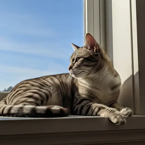 Relaxed Domestic Cat Enjoying Sun from Windowsill