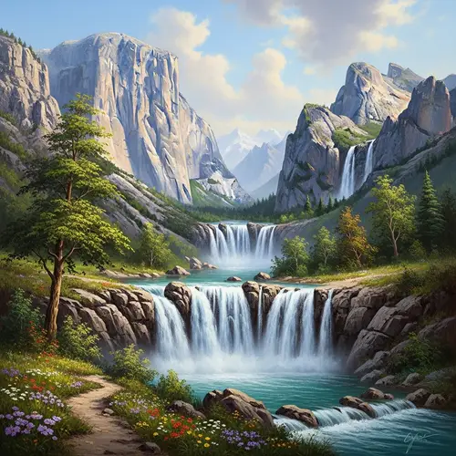 Majestic Mountain Landscape Painting with Waterfalls and Sunrays