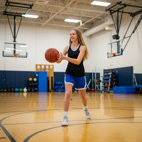 Cheerful Caucasian Teenage Girl Playing Basketball
