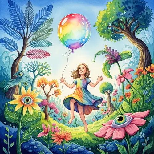 Youthful Caucasian Girl Playing with Vibrant Balloon in Fanciful Garden