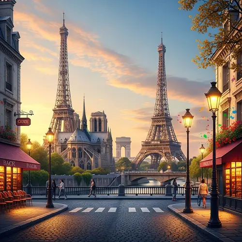 Paris PNG: Iconic Landmarks in a Romantic Sunset