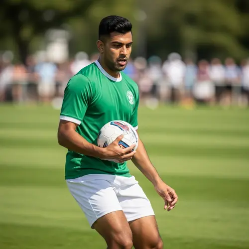Determined South Asian Man Playing Football on Grassy Field