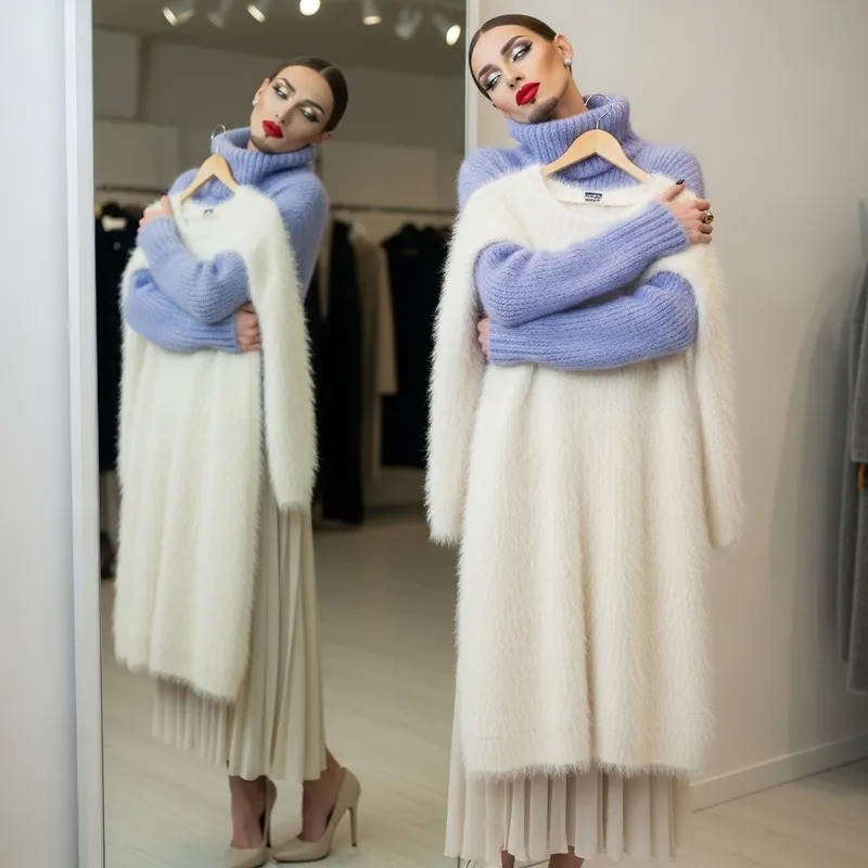 Feminized Slender Man in Angora Sweater Selects Fluffy Dress