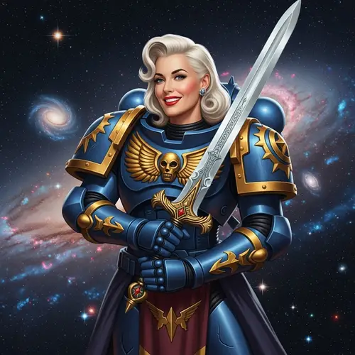Iconic Platinum Blonde Woman in 1950s Space Marines Costume