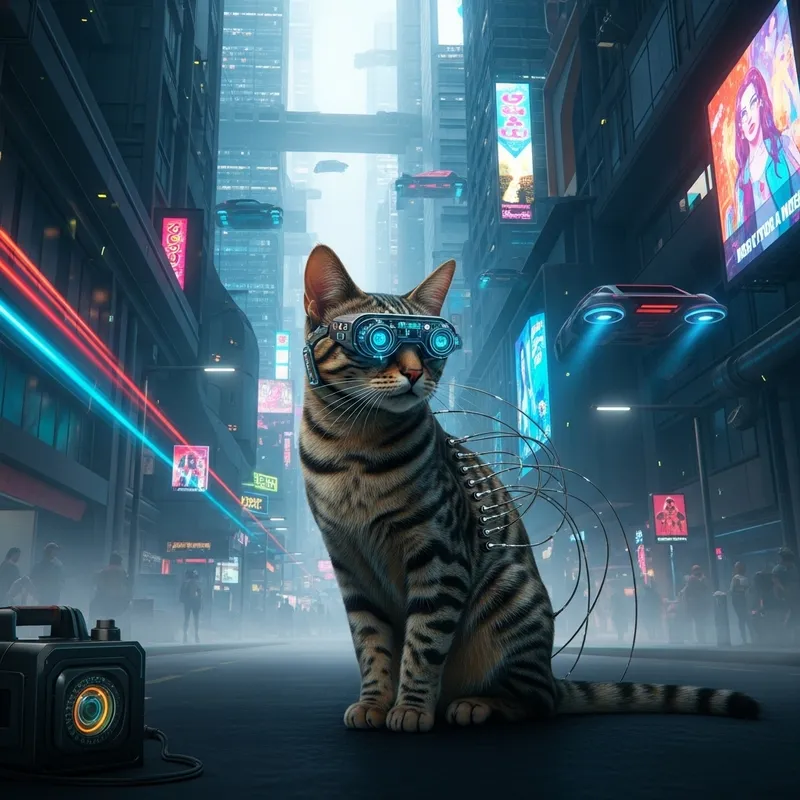 Cybernetic Cat in Neon Cyberpunk Alley - Futuristic Feline in Urban Dystopia Cybernetic Cat in Neon Cyberpunk Alley - Futuristic Feline in Urban Dystopia