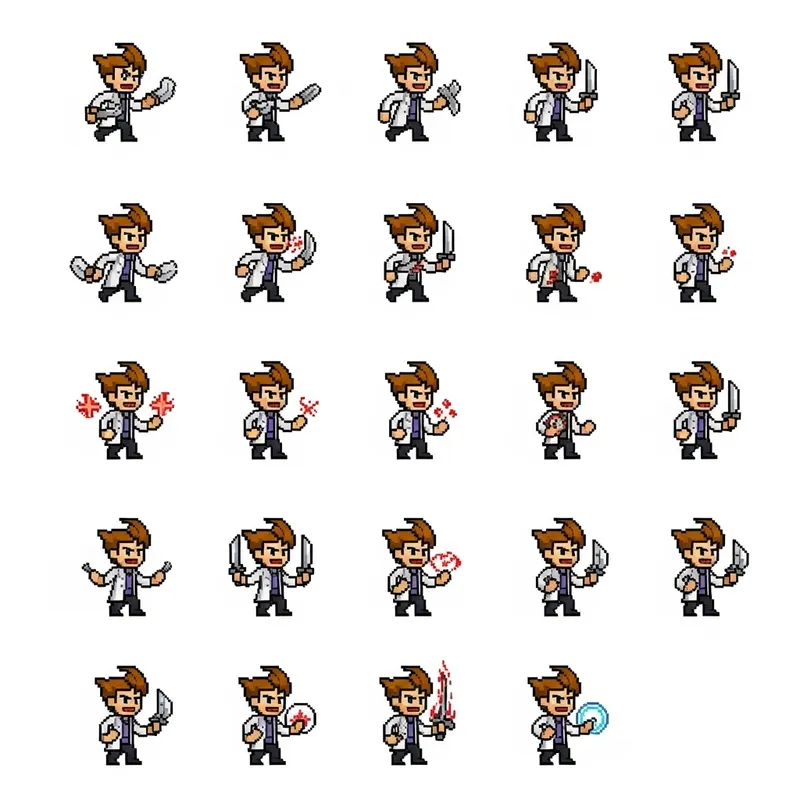 Quirky Scientist Sprite Sheet Design for Rick-Sanchez-Style Game
