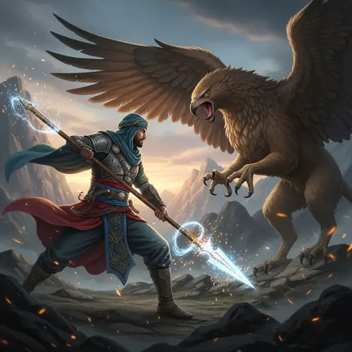 Epic Battle: Spearman vs Griffin in Enchanting Scene