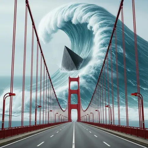 Iconic Red Suspension Bridge Facing Tsunami Wave