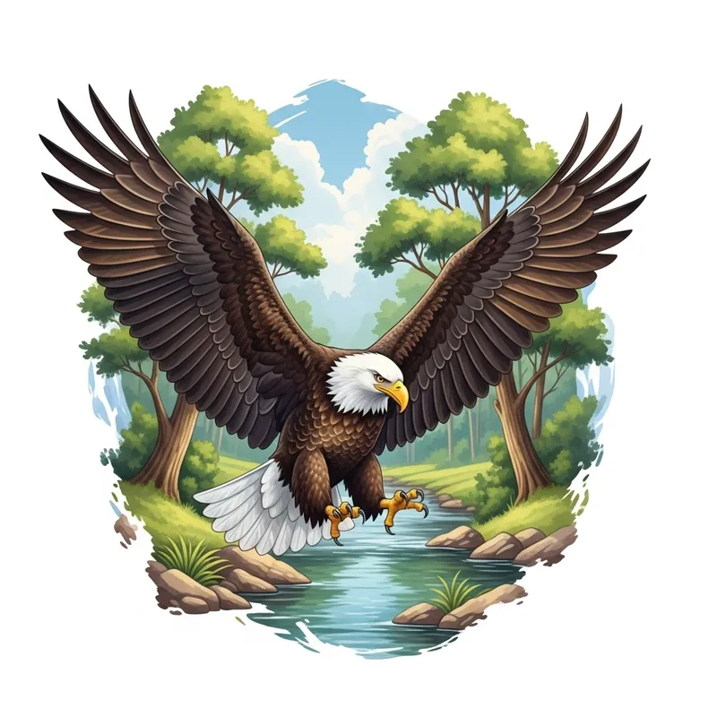 Beautiful Bald Eagle Watercolor Art | Majestic Forest Stream Scene