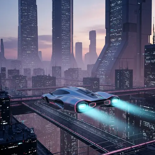 Futuristic Flying Car in Vibrant Cityscape | Advanced Technology