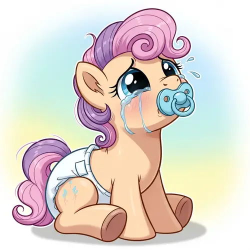 Adorable Small Fantasy Pony in Diaper with Pacifier Crying