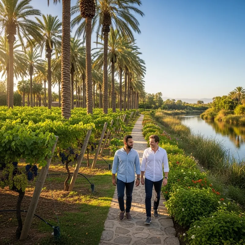 Two Men Walking in Lush Gardens with Palm Trees Two Men Walking in Lush Gardens with Palm Trees