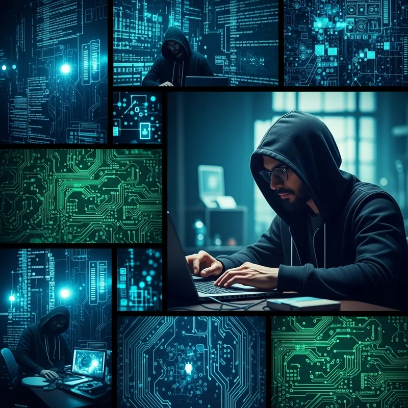 Powerful Hacker in Action: Digital Code and Circuits Collage