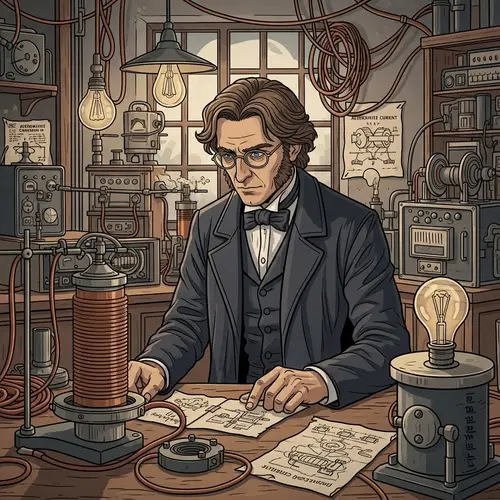 Illustration of Unrecognized Scientist in 19th-Century Electrical Lab