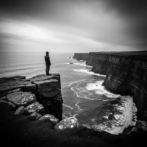 Meditative Solitude on Cliff Edge | Stark Monochrome Seascape