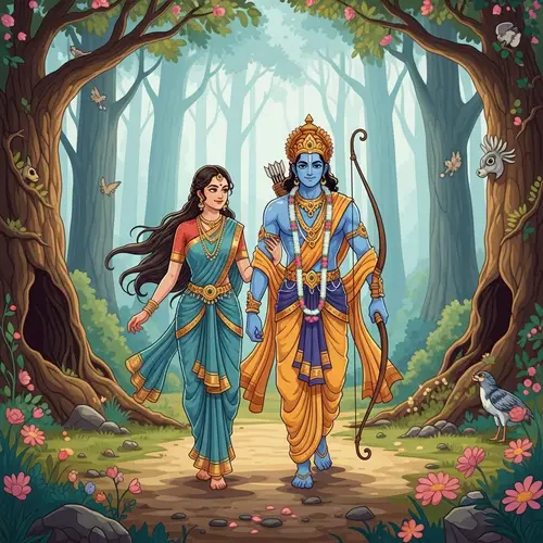 Sita and Rama: Mythological Figures in Beautiful Forest