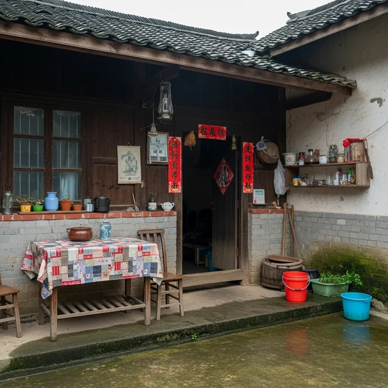 Rustic Chinese House Scene: Table Cloth, Bucket, Leaky Ceiling Rustic Chinese House Scene: Table Cloth, Bucket, Leaky Ceiling