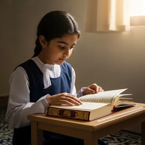 Omani Girl Reading Quran in White and Dark Blue Student Outfit