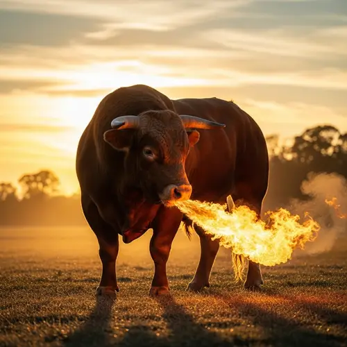 Majestic Bull Breathing Flames at Sunset