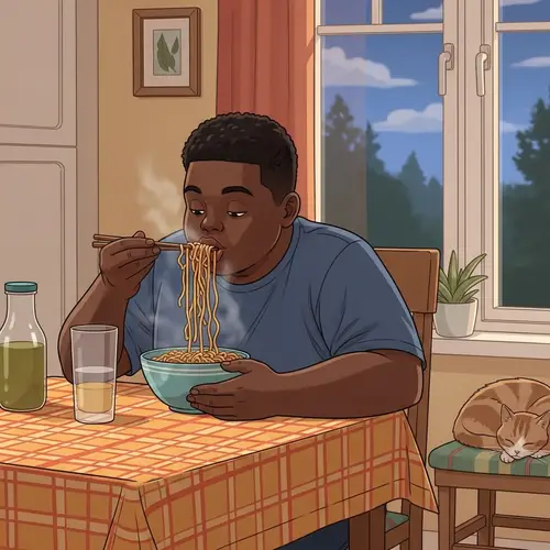 Black Teen Boy Enjoying Delicious Noodles at Home