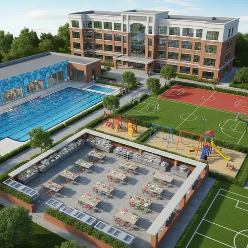 Sprawling School Campus with Football Field, Cafeteria, Swimming Pool & Playground