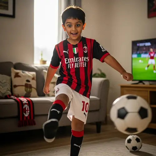 Young Milan Football Fan | Excited Child in Red & Black Jersey