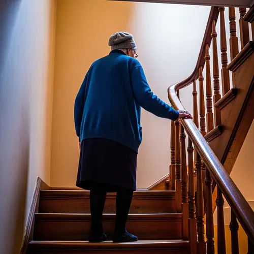 Elderly Person Climbing Colorful Staircase | Perseverance Displayed