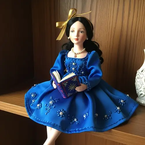 Exquisite Handcrafted Doll with Silk Dress on Vintage Wooden Shelf