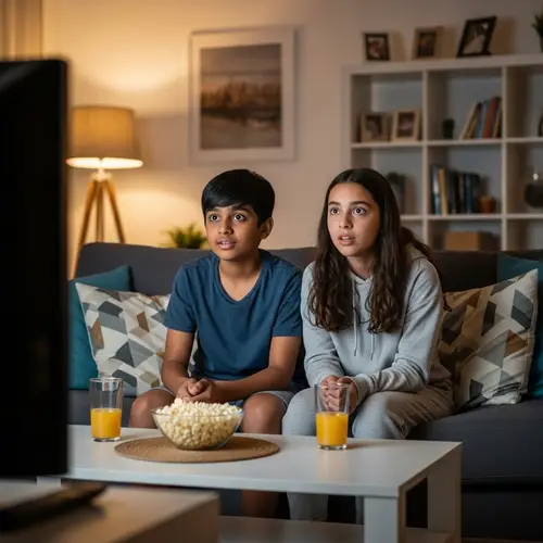 Friendly Evening Watching Favorite Show with South Asian Boy and Hispanic Girl