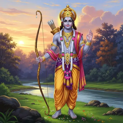 Mythical Figure Ram in Traditional Attire | Serene Environment