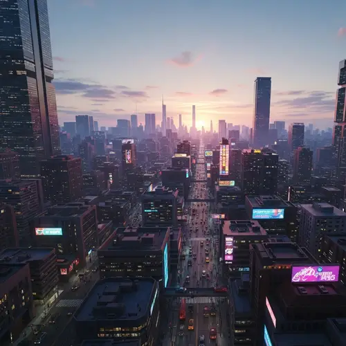 Futuristic City Panorama at Sunset | Cyberpunk Urban Dystopia