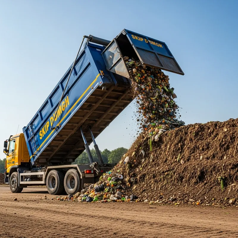 Skip Dump Truck unloading food waste into compost windrow Skip Dump Truck unloading food waste into compost windrow