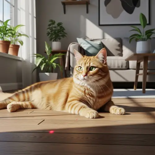 Curious Orange Tabby Cat on Rustic Wooden Floor | Pouncing on Red Laser Dot