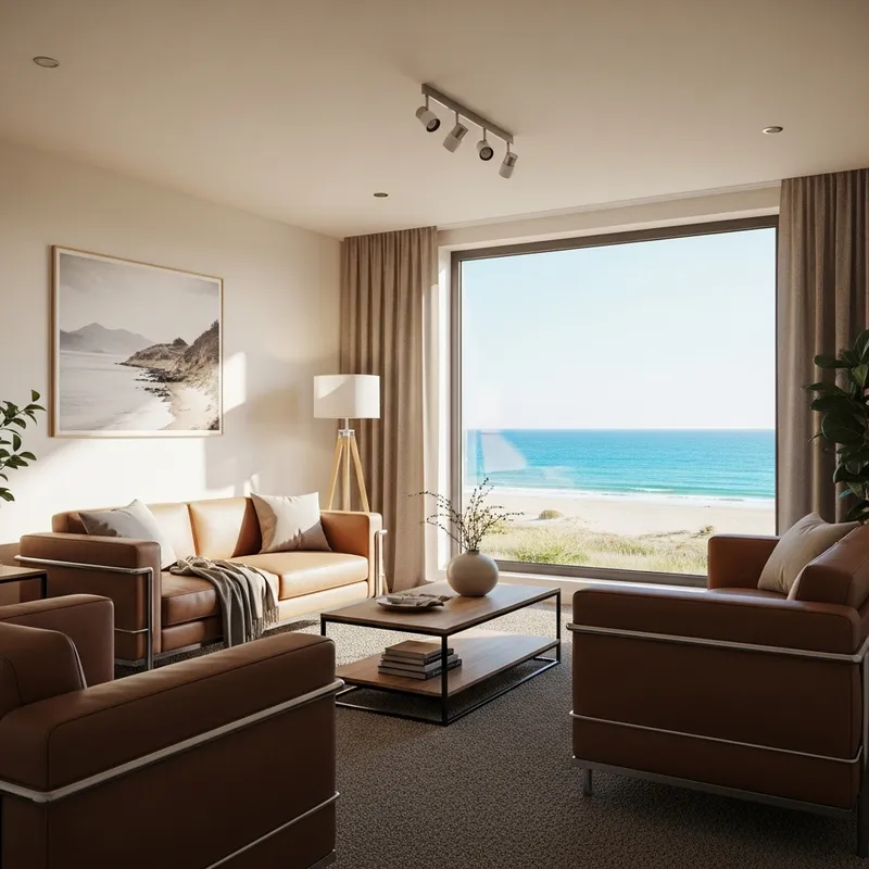 Inviting Modern Living Room with Beach View