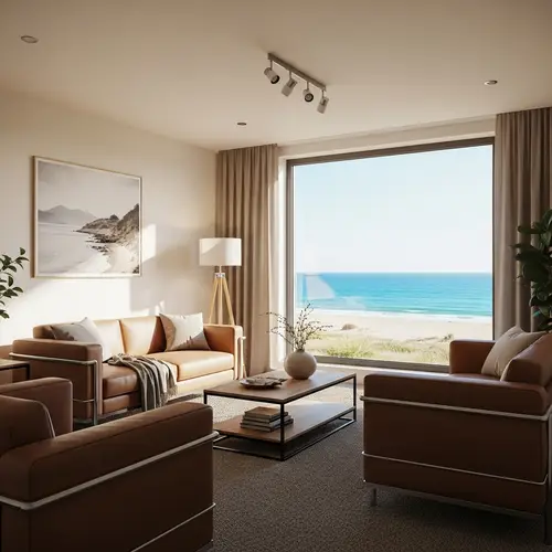 Modern Cozy Living Room with Beach Landscape View