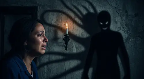 Hispanic Woman Confronting Sinister Entity in Chilling Scene