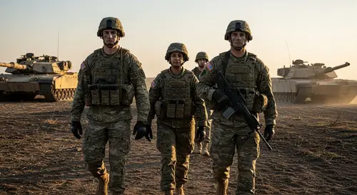 Dedicated Soldiers in Battle-Scarred Field at Sunset